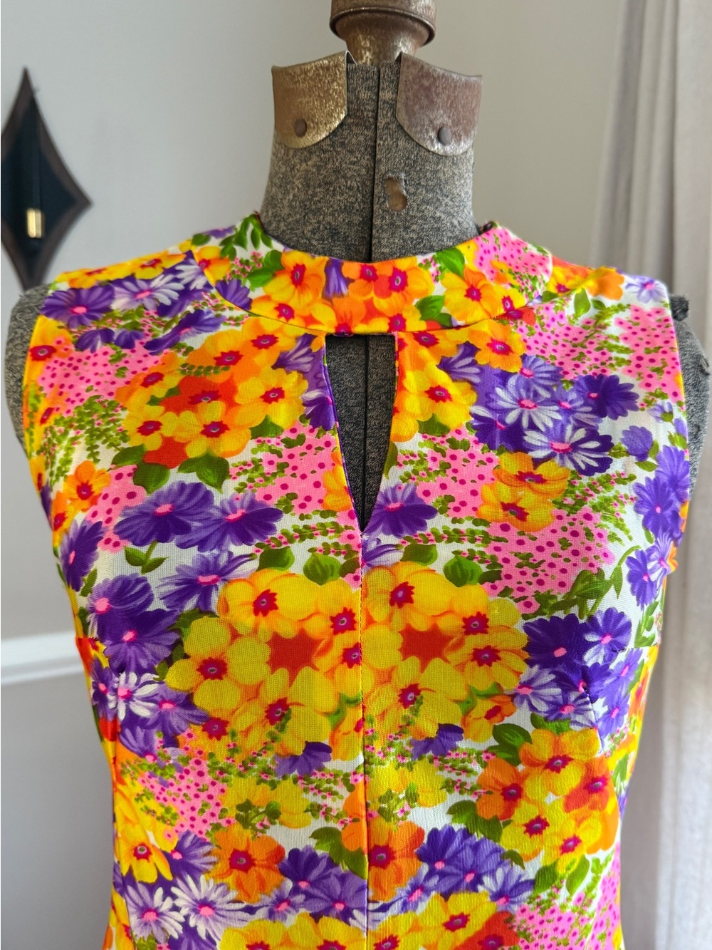Vtg OOAK 60s/70s Mod Floral Daisy Day Glo Handmade Maxi Dress Sz Sm - Picture 4 of 13